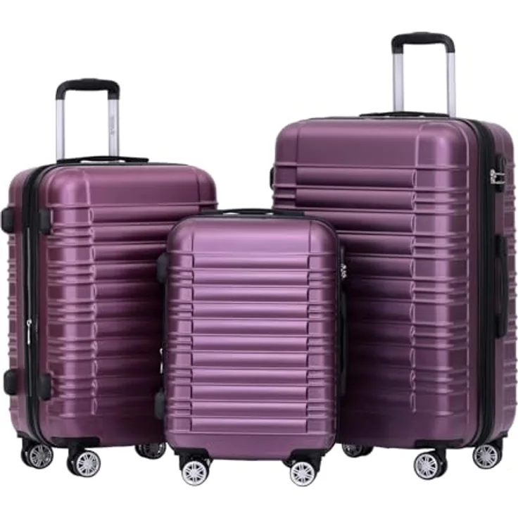 BEIBYE Zwillingsrollen Reisekoffer Hartschale M-L-XL-Set, Violett, erweiterbar, kratzfest, 360° drehbar