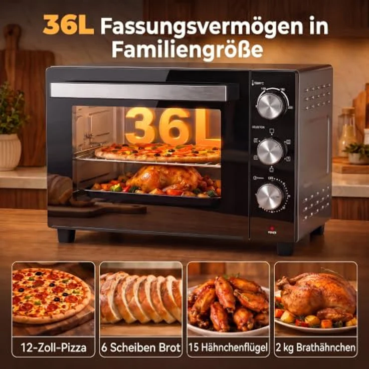HOMCOM Mini Backofen mit Umluft, 36L, Drehspieß, 1500W, Silber, 90–230℃, 60 Min. Timer – Bild 5