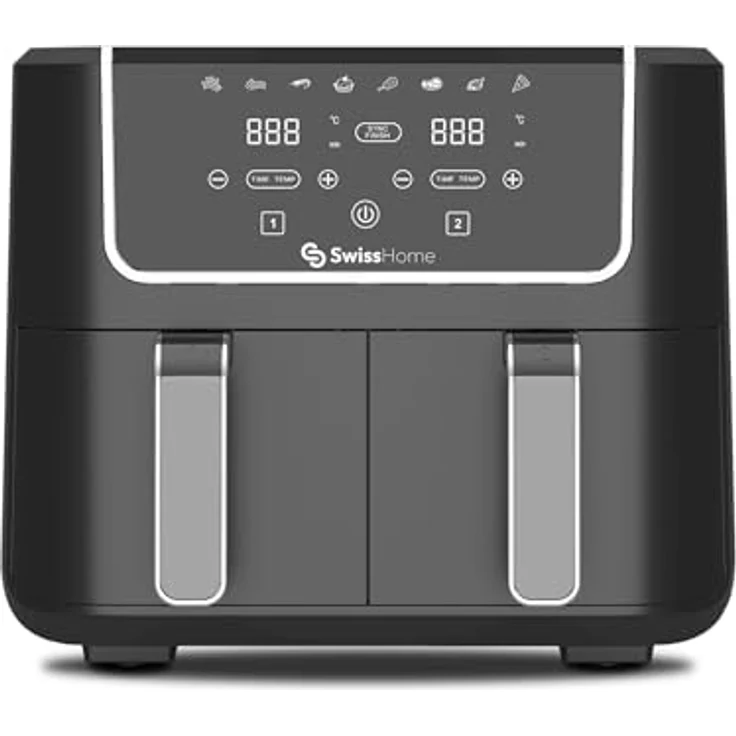 Z SwissHome DARK Luftfritteuse 2100W, 2 Töpfe 3L, 8 Funktionen, LED-Touchscreen, Antihaftbeschichtung, Dörr- und Aufwärmfunktion, einfache Reinigung – Bild 2