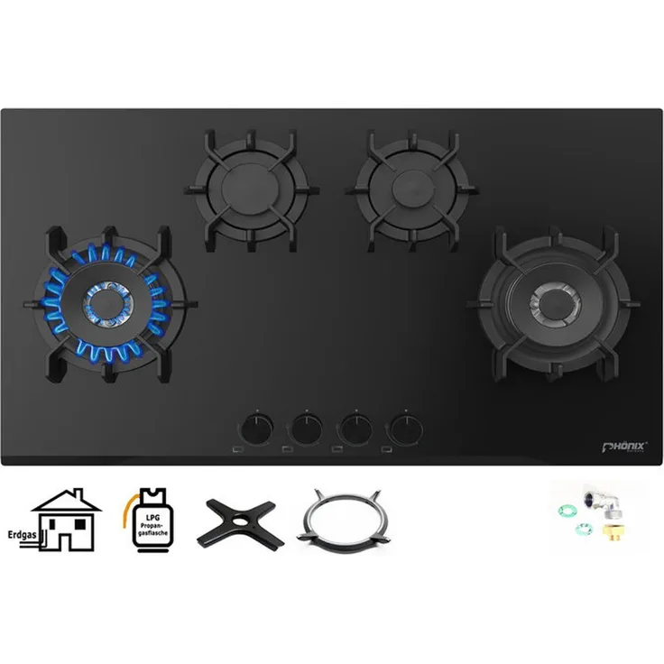 Phönix Germany PG-904SWL Gas-Kochfeld, 4-flammig mit Zündsicherung, Glas-Oberfläche, für Propan/Erdgas, autark, mit Wokbrenner