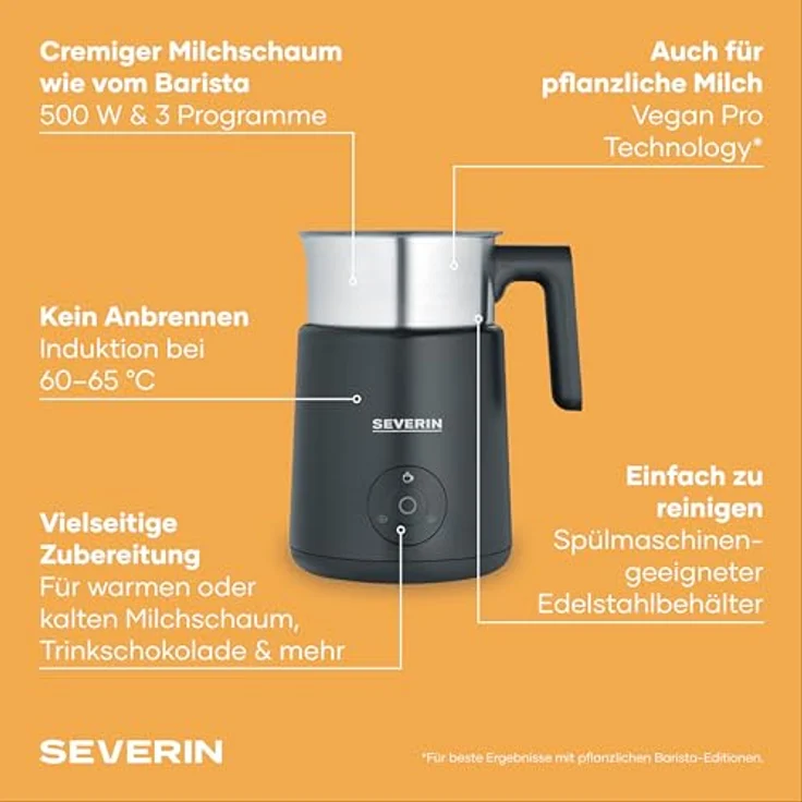 Severin Milchaufschäumer SM 3579, Induktionstechnologie, Schokoladen-Funktion, Edelstahl – Bild 4