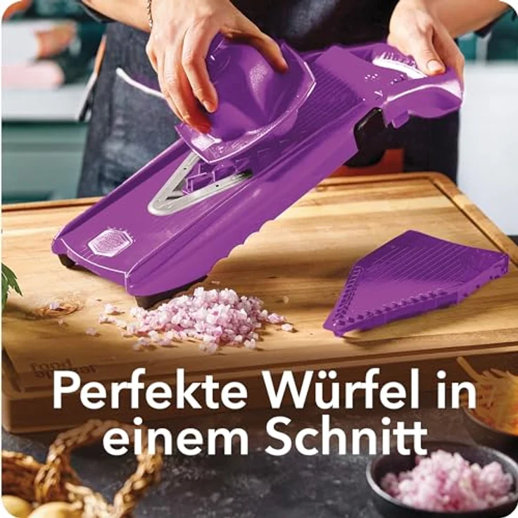 Börner V5 PowerLine Gemüsehobel Starter Set (6-tlg.) • Gemüseschneider (V-Hobel) für Obst & Gemüse + Fruchthalter + Einschübe mit Box • 4 Schnittstärken • Küchenhobel-Set (Violett) – Bild 3