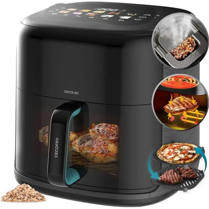 Cecotec Cecofry&Grill Smokin'Prime 8500, Heißluftfritteuse ohne Öl, 8,5L, 2300W, integriertem Smoker und Grillfunktion, 40-200°C, bewegliche Trennwand – Bild 4