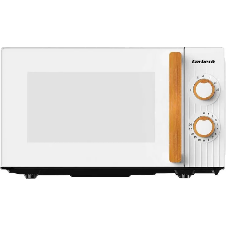 Corbero CMICG270WOODW, Solo-Mikrowelle mit 20 l Volumen, 700 W Leistung, Drehregler, Weiß mit Holzoptik
