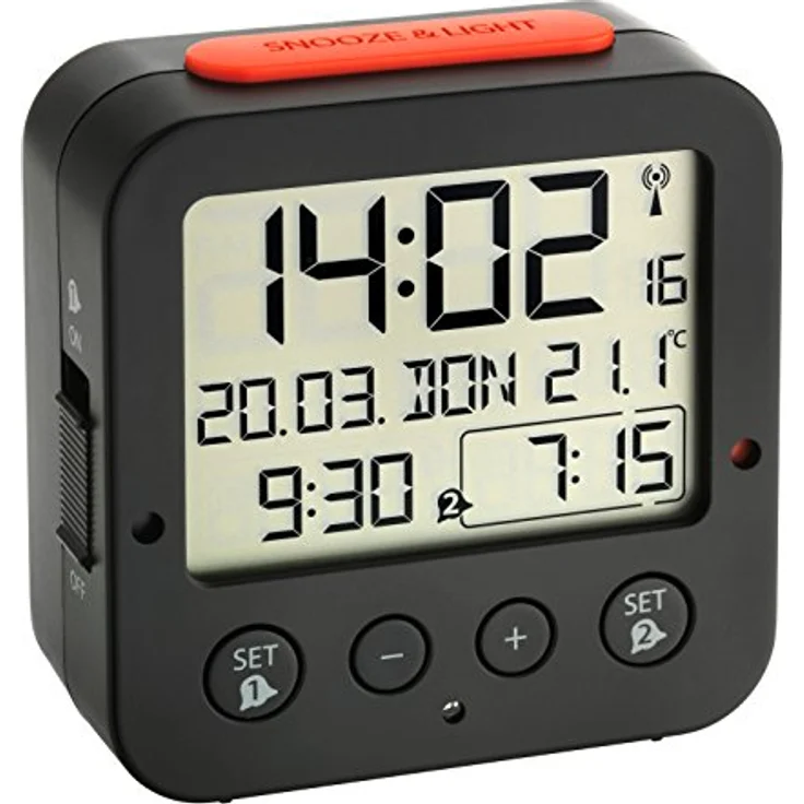 TFA Dostmann Bingo Funk-Wecker, mit autom. Hintergrundbeleuchtung, 60.2528.01, Datum, Temperaturanzeige und zwei Weckzeiten, schwarz/rot,L 81 x B 33 x H 81 mm – Bild 1