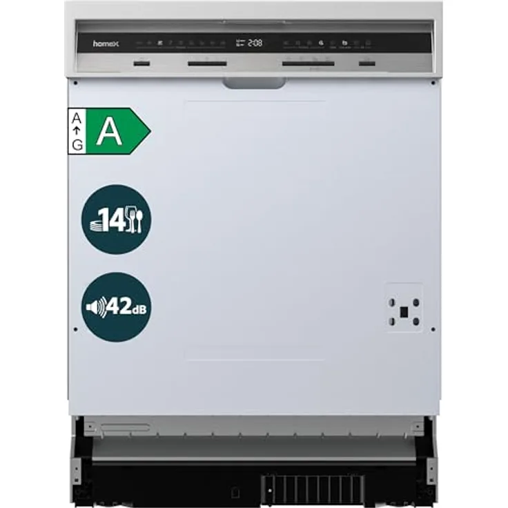 homeX DWSI601442A Geschirrspüler 60 cm, teilintegrierbar, 14 Maßgedecke, 9 Programme, leiser Betrieb 42 dB, Energieeffizienzklasse A