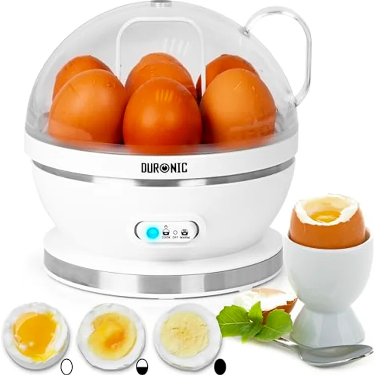 Duronic EB27 WE Eierkocher für 1–7 Eier, 400 W mit Härtegradeinstellung, Timer & Überhitzungsschutz, inkl. Messbecher und Eipick, weiß