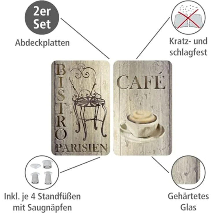 Wenko Herdabdeckplatte Universal Bistro, 2er Set Herdabdeckung für alle Herdarten, Gehärtetes Glas, 30 x 52 cm, mehrfarbig – Bild 2
