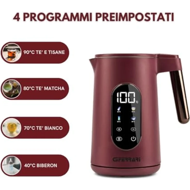 G3 Ferrari G10205 Wasserkocher "Tisaniere Tech", 1,7 Liter, 4 Programme, Touchscreen-Display, Edelstahl, einstellbare Temperatur 40-100 °C, 360 °C drehbare Basis – Bild 2