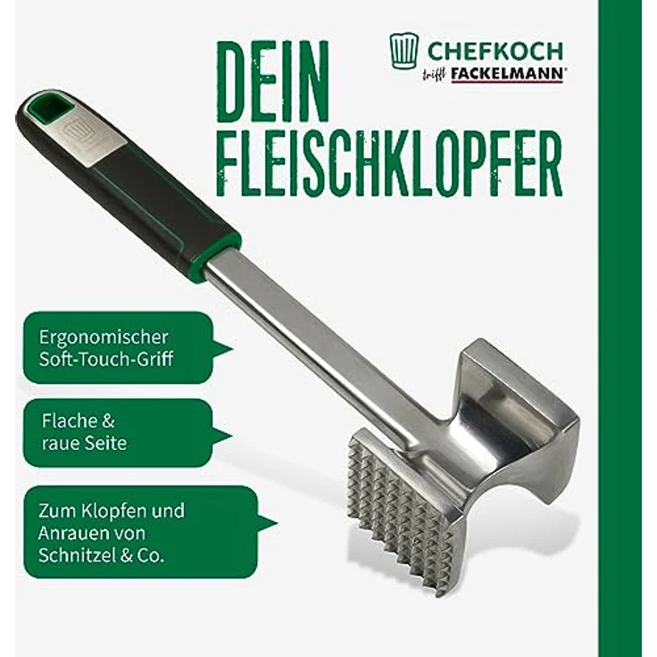 FACKELMANN CHEFKOCH Fleischklopfer Premium – Für perfekt geklopfte Schnitzel & Co – Doppelseitig: Flach zum Plattieren & Rau zum Aufrauen – Aluminium, Länge: 26,5 cm – Bild 2