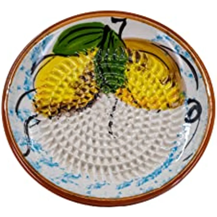 Kaladia Keramik Reibeteller/Keramikhobel - ideal für Ingwer, Parmesan etc. - in Weiß mit 2 Zitronen - Durchmesser: 12 cm - handgemacht & handbemalt - Made in Spain