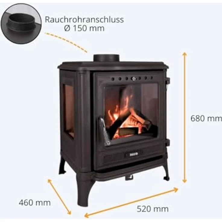 365® Kaminofen Ferrox 55 Panorama, 7 kW Gusseisen mit großem Glaseinsatz und hoher Effizienz (83 %) – Bild 3