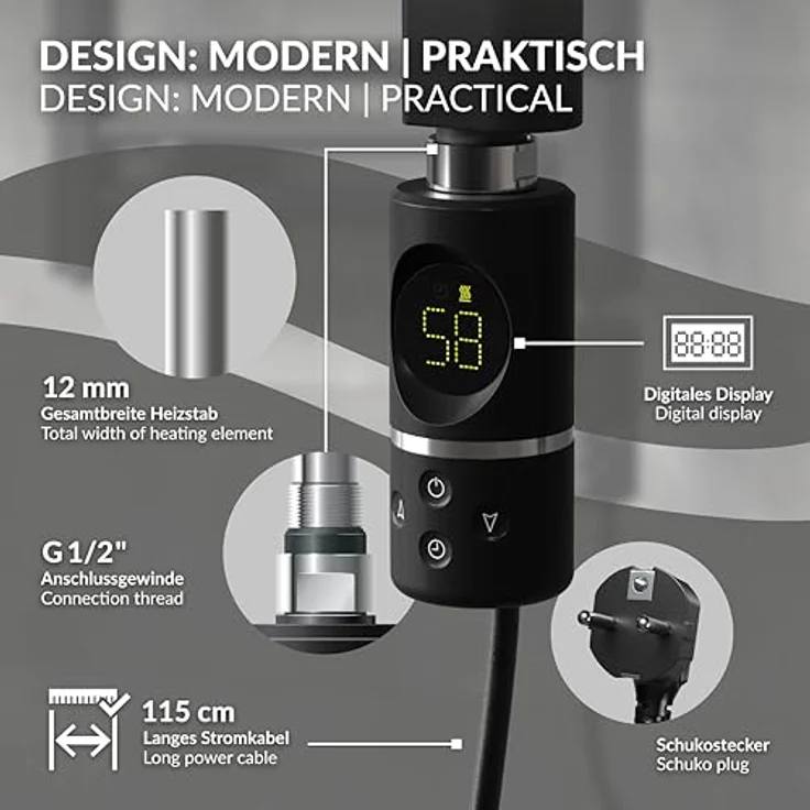 LuxeBath Heizstab 600W Schwarz, Heizgerät mit Thermostat und digitaler Anzeige – Bild 3