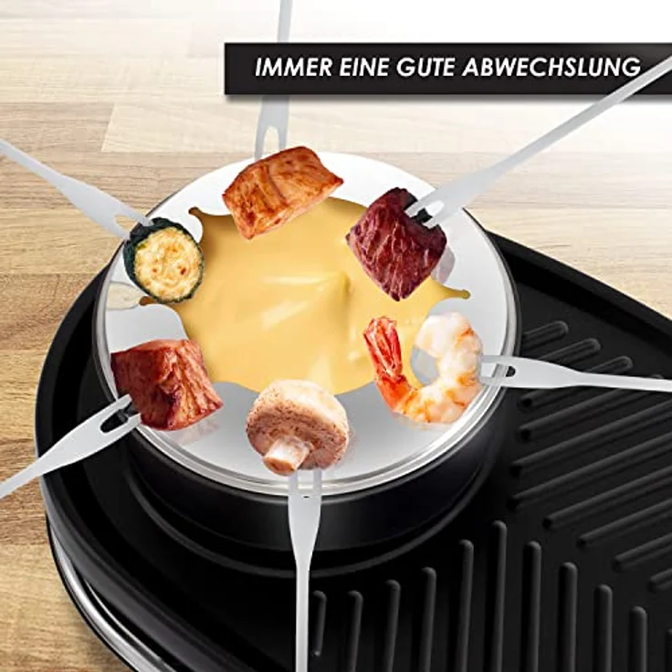 Kesser 3in1 Raclette-Grill mit Naturgrillstein, 1500W, Grillplatte und Fondue, Tischgrill für 8 Personen, Elektrogrill Raclette Grill antihaftbeschichteter Grillplatte, 8 Pfannen und Holzspatel, silber, schwarz – Bild 6