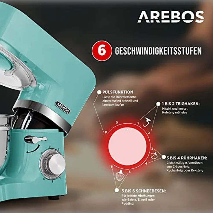 Arebos Küchenmaschine 1500W Türkis | Knetmaschine mit 2x Edelstahl-Rührschüsseln 4,5 & 5,5L | Geräuscharm | Küchenmixer mit Rührhaken, Knethaken, Schlagbesen und Spritzschutz | 6 Geschwindigkeiten – Bild 2