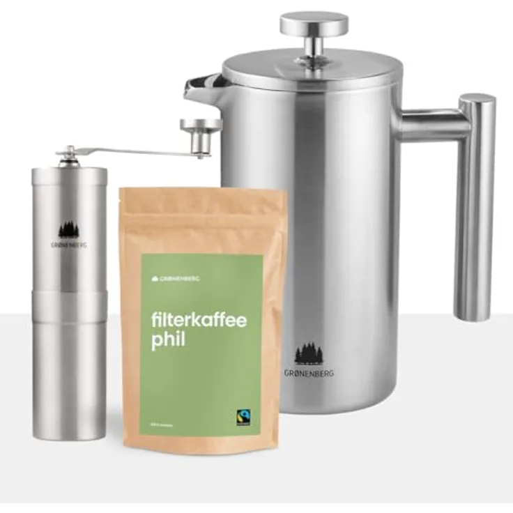 Groenenberg Spar Set 3 | Filter Kaffeebohnen 250g (Bio) + French Press Thermo + Edelstahl Kaffeemühle manuell, Zartbitterschokolade mit Karamell Aroma