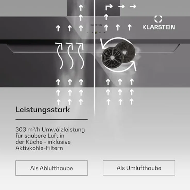 Klarstein Dunstabzugshaube 90cm, Abluft/Umluft mit Aktivkohlefilter & LED-Beleuchtung, 305m³/h Luftstrom, Wi-Fi, Leise Schräghaube, Dunstabzugshauben 90 cm – Bild 3