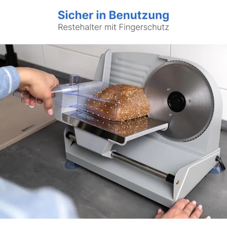 Bomann MA 451 CB, Vollmetall-Allesschneider, Großes rostfreies Edelstahlmesser (Ø 190 mm), 150 Watt, Universalwellenschliff, Alu-Druckguss Motorgehäuse, Stufenlos einstellbare Schnittstärke (0-15mm) – Bild 6