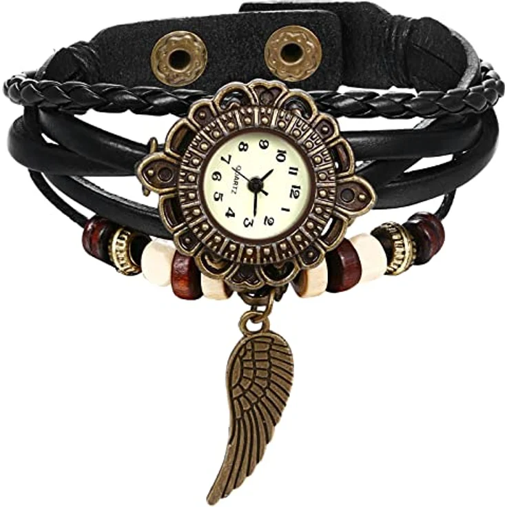JewelryWe Damen Analog Quarz Armbanduhr mit Retro Feder Engel Flügel und geflochtenem Lederarmband, Schwarz – Bild 1