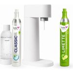 SodaTASTE Sparpaket: Mysoda Woody - Wassersprudler aus erneuerbarem Holzkomposit mit 1L BPA-freier Plastikflasche, CO2-Zylinder Classic + CO2-Zylinder Limette (Weiß)