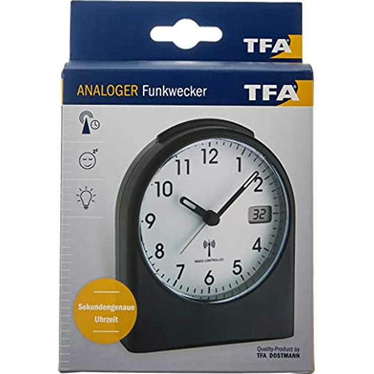 TFA Dostmann Analoger Funk-Wecker, 98.1040.01, mit digitaler Sekundenanzeige, Funkuhr, mit Hintergrundbeleuchtung, schwarz/weiß, Kunststoff, Schwarzweiß, L105 x B64 x H152 mm,L 96 x B 55 x H 116 mm – Bild 3