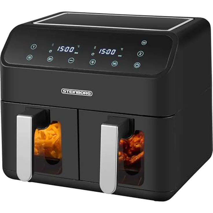 Steinborg Heißluftfritteuse 2 Kammern 8 Liter XXL Air Fryer 4 in 1 Mini Backofen, 2000 Watt, Antihaftbeschichtung, Umweltfreundlich - Schwarz
