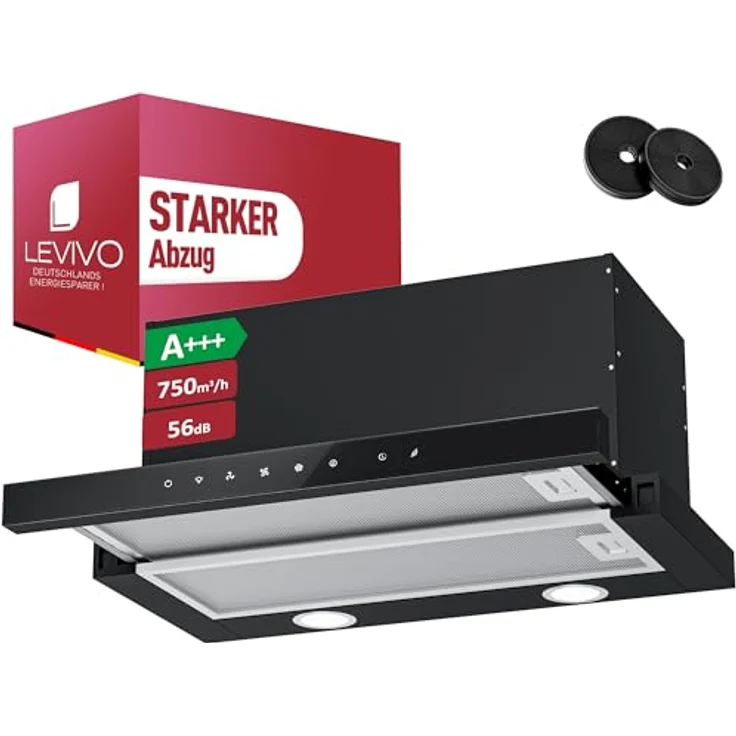 LEVIVO Flachschirmhaube 60cm, A+++ Dunstabzugshaube mit 750 m³/h, Umluft & Abluft, 3 Stufen, 2 Booster, Edelstahl Design, 2 Aktivkohlefilter, 2 Fettfilter – Bild 1