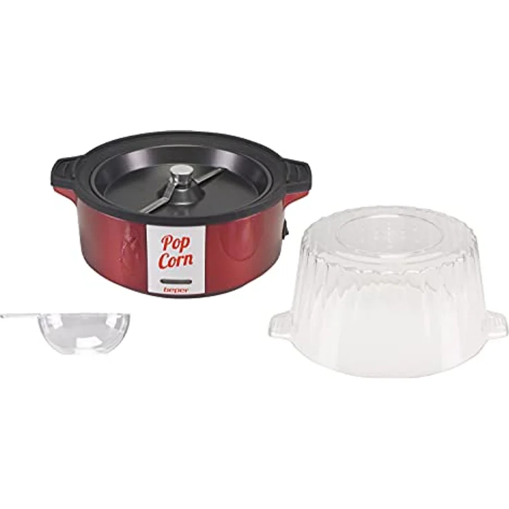 BEPER P101CUD050 Popcornmaschine, 700 W, Antihaftbeschichtung, Kochen mit Butter/Öl, drehbarer Schaufel aus Stahl, Deckel verwandelt sich in eine Schale, Löffel im Lieferumfang enthalten, Rot – Bild 2