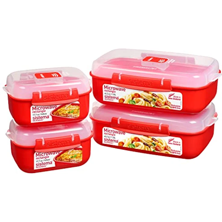 Sistema Microwave-Heat & Eat Frischhaltedosen Set, 4 rechteckige Mikrowellen-Vorratsdosen mit Deckeln (2 x 1,25 l + 2 x 525 ml), verschließbare Clips und Belüftungsventile, BPA-frei – Bild 1