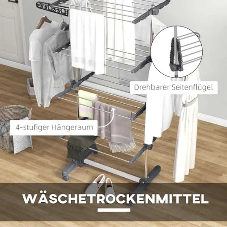 HOMCOM WГ¤schestГ¤nder WГ¤schetrockner Turm, Stahl 142 x 55 x 172 cm, Grau, klappbar, für Indoor und Outdoor – Bild 4