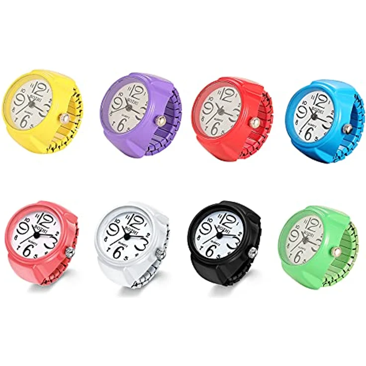 JewelryWe 8PCS Damen Ringuhr, Analog Quarzuhr mit elastischem Ringband, Geschenk für Mädchen, Schwarz Weiß Rot Rosa – Bild 1