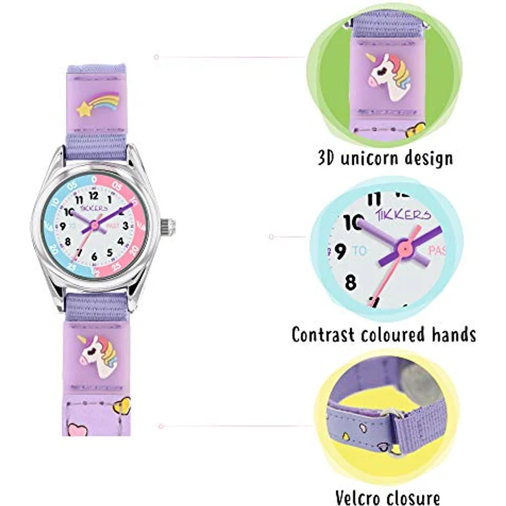Tikkers Mädchen Analog Classic Quarz Uhr TK0148, Textilarmband mit Einhorn-Design, verstellbarem Klettverschluss, 24 mm Gehäuse – Bild 4