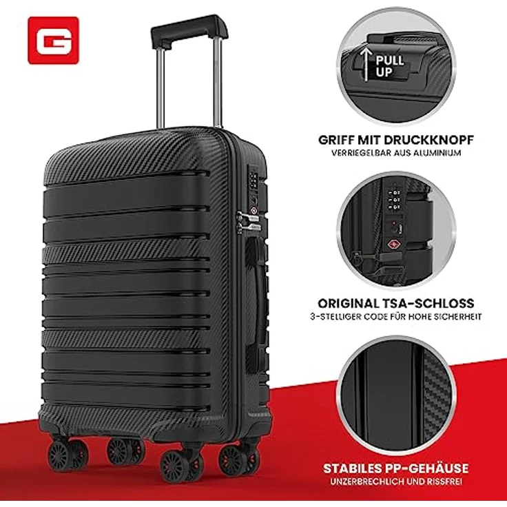 GENTOR Koffer Reisekoffer mit Rollen Carbonoptik Hartschalenkoffer Trolley Handgepäck mit TSA-Schloss Rollkoffer Leicht Travel Klein Handgepäck (Schwarz, M) – Bild 2