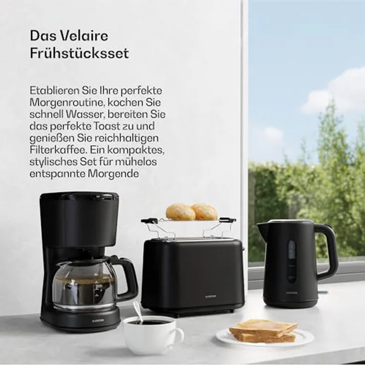 Klarstein Velaire Frühstücksset, Toaster 2 Scheiben mit Brötchenaufsatz, Wasserkocher 1,7L, Filterkaffeemaschine 10 Tassen, 7 Bräunungsstufen, Warmhaltefunktion, Glas-Kanne – Bild 3