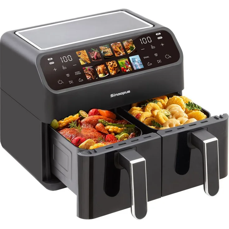 Leawin Heißluftfritteuse 10L Dual Zonen, Doppel Kammer, 2000W, Touchscreen, 10-in-1 Fritteuse für Familien