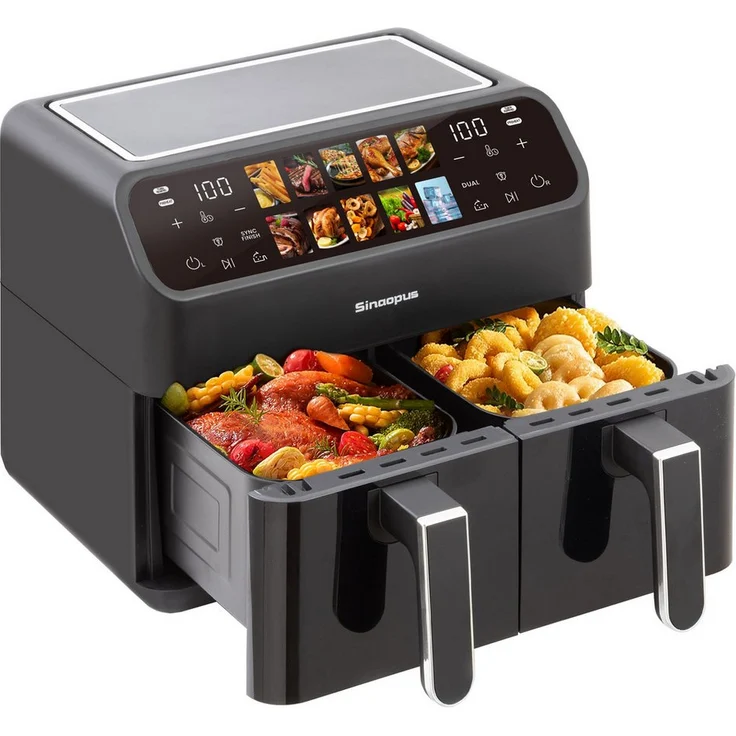 Leawin Heißluftfritteuse 10L Dual Zonen, Doppel Kammer, 2000W, Touchscreen, 10-in-1 Fritteuse für Familien