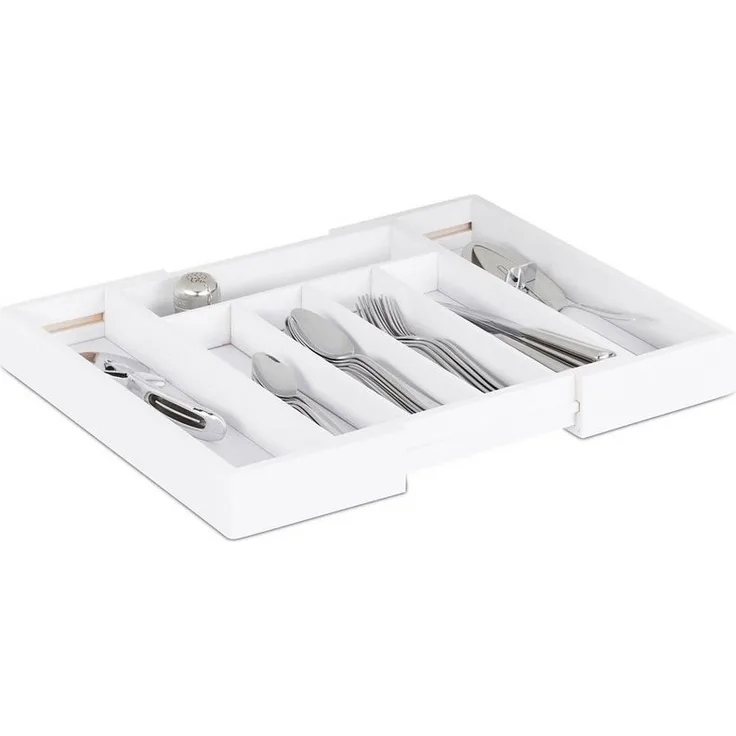relaxdays Besteckkasten Weißer Besteckkasten Bambus verstellbar, ausziehbarer Organizer für die Küche, 5-7 Fächer, weiß