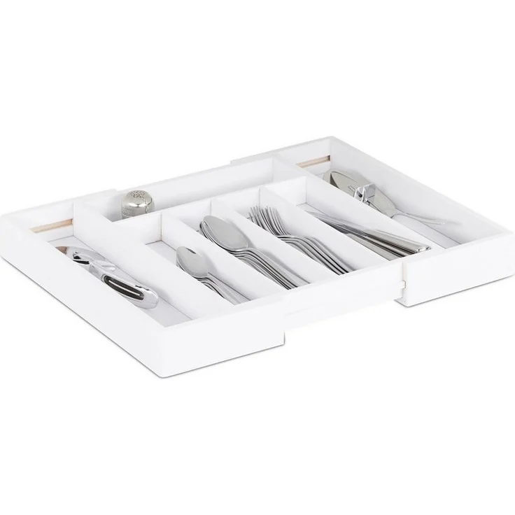 relaxdays Besteckkasten Weißer Besteckkasten Bambus verstellbar, ausziehbarer Organizer für die Küche, 5-7 Fächer, weiß – Bild 1