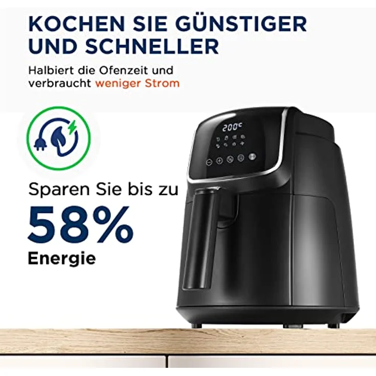 Midea MF-CN40C2 Heißluftfritteuse 4L, Ölfreie Airfryer 1500W, 8 Vorprogrammierte Kochmodi, 35-200℃, Backen, Braten, Grillen, Auftauen, Schüttelalarm, 60-Minuten Timer, 81 Rezepten, Spülmaschinenfest – Bild 2