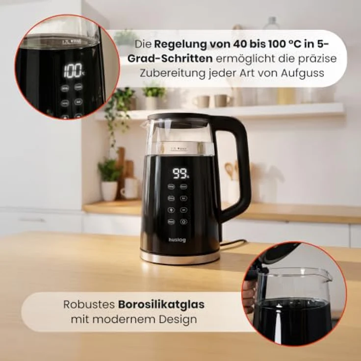 Huslog Elektrischer Wasserkocher 1,7L mit Temperaturanzeige, 2200W Touchpanel aus Glas – Bild 6