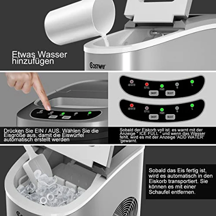 COSTWAY Eiswürfelmaschine 12KG/24H, Ice Maker 9 Eiswürfel in 6-13min, Eismaschine 2,2L Wassertank, Eiswürfelbereiter 2 Eiswürfelgrößen inkl. Schaufel, 25x36x33cm (Silber) – Bild 4