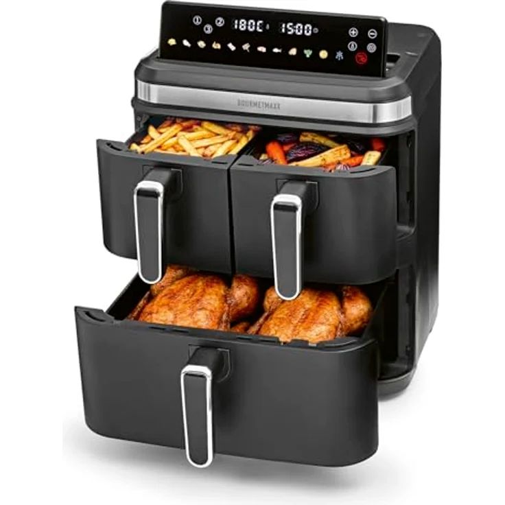GOURMETmaxx FryUp3 3-Kammer-Heißluftfritteuse 3000W, schwarze Edelstahl-Optik, 17l Volumen, LED-Touchdisplay, 12 Programme – Bild 1