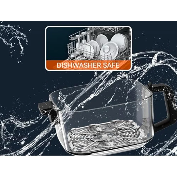 KeMar Kitchenware KHF-550 Heißluftfritteuse, 1200 W, 5,5 L Borosilikatglasbehälter, Edelstahl-Einsatz, Touch Display, 7 Programme, ohne Beschichtung – Bild 9
