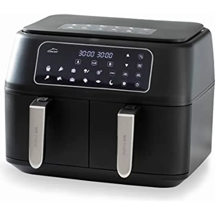 Lacor - 69508 - Ölfreie DuploAir-Fritteuse, Heißluftfritteuse mit Touchscreen, Doppelkorb, Inklusive Rezeptbuch, 11 Programme, Antihaft, Große Kapazität 9L, 2400W