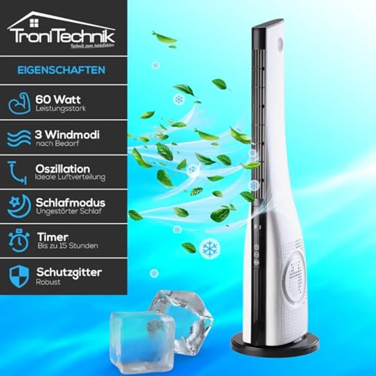 Tronitechnik® Turmventilator TUV05, 88 cm Standventilator mit Oszillation, Timer und 3 Stufen, leise und platzsparend für Schlafzimmer, Büro und Wohnzimmer, 50 W – Bild 3