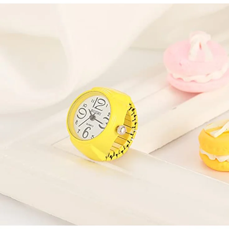 JewelryWe Damen Ringuhr, Elastische Analog Quarzuhr mit großem Ziffernblatt, Gelb – Bild 5