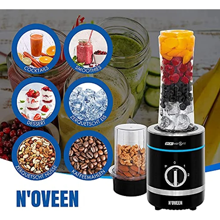 Noveen SB2000, Standmixer mit 500-Watt-Motor, 6-armiger Edelstahlklinge, 3 Flaschen und LED-Beleuchtung, Schwarz – Bild 5