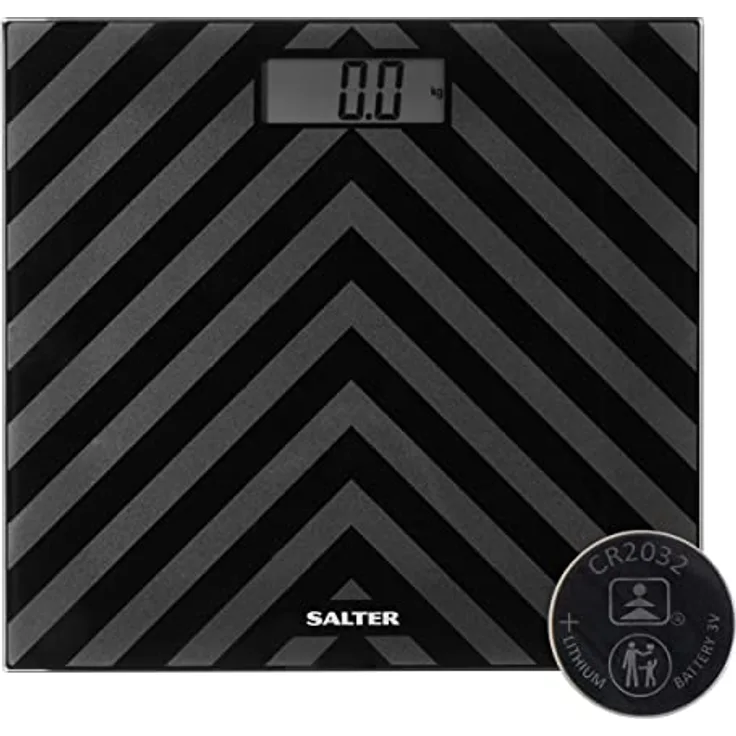 Salter SA00287 BAFEU16 Digitale Badezimmerwaage - Personenwaage aus Glas, 180kg, Leicht ablesbares LCD-Display, Schwarz Chevron Design, Batterien im Lieferumfang enthalten, Sofortige Gewichtsmessung