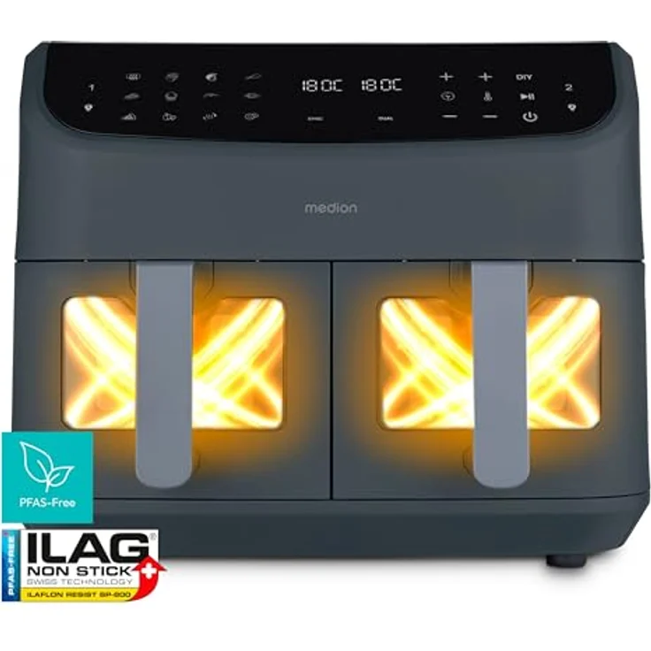 Medion® Heißluftfritteuse MD11760, 2600 W, mit 2 Garzonen, Touch-Sensor-Bedienfeld, grau – Bild 1