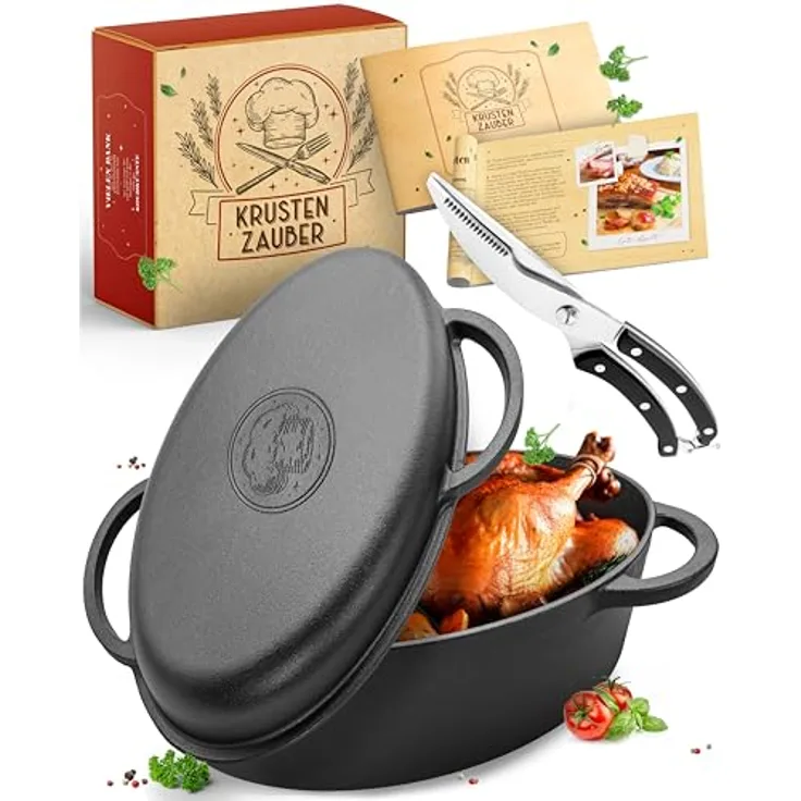 KRUSTENZAUBER 38cm Gusseisen Bräter mit Deckel backofengeeignet inkl. Geflügelschere - 9kg Gänsebräter - Idealer Topf XXL, Schmortopf Bratentopf, Induktion, Gusseisenpfanne